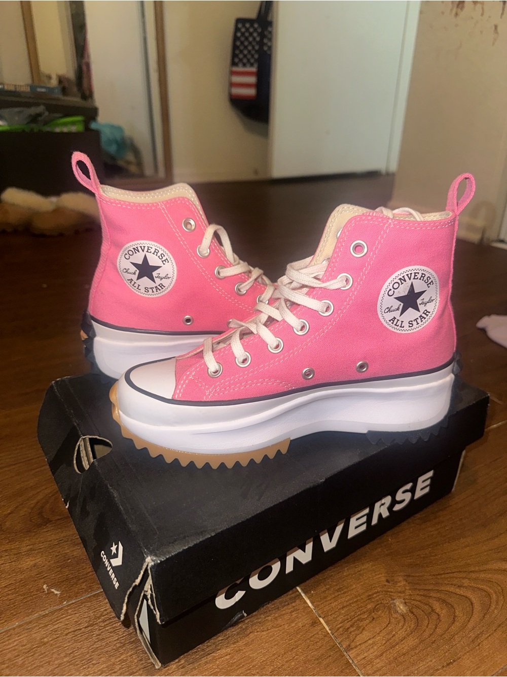 Converse High Top Platform Sneakers in Pink and White - Picture 2 of 3